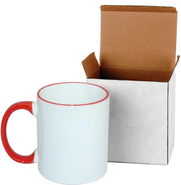 DyeTrans Sublimation Blank Ceramic Mug - White w/Red Rim and Handle - 11 oz w/Box